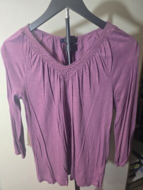 Chaps Plum Crochet-Trim Long Sleeve Tee